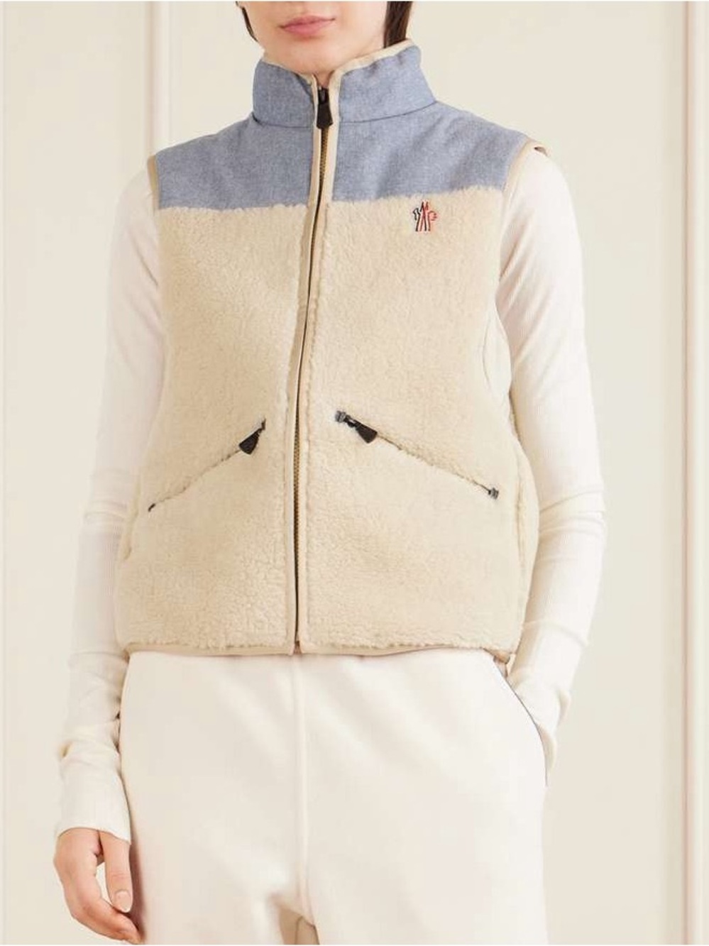 NWOT Moncler Embroidered Cotton-Blend Shell-Trimmed Plush Vest, Size S/M/L/XL